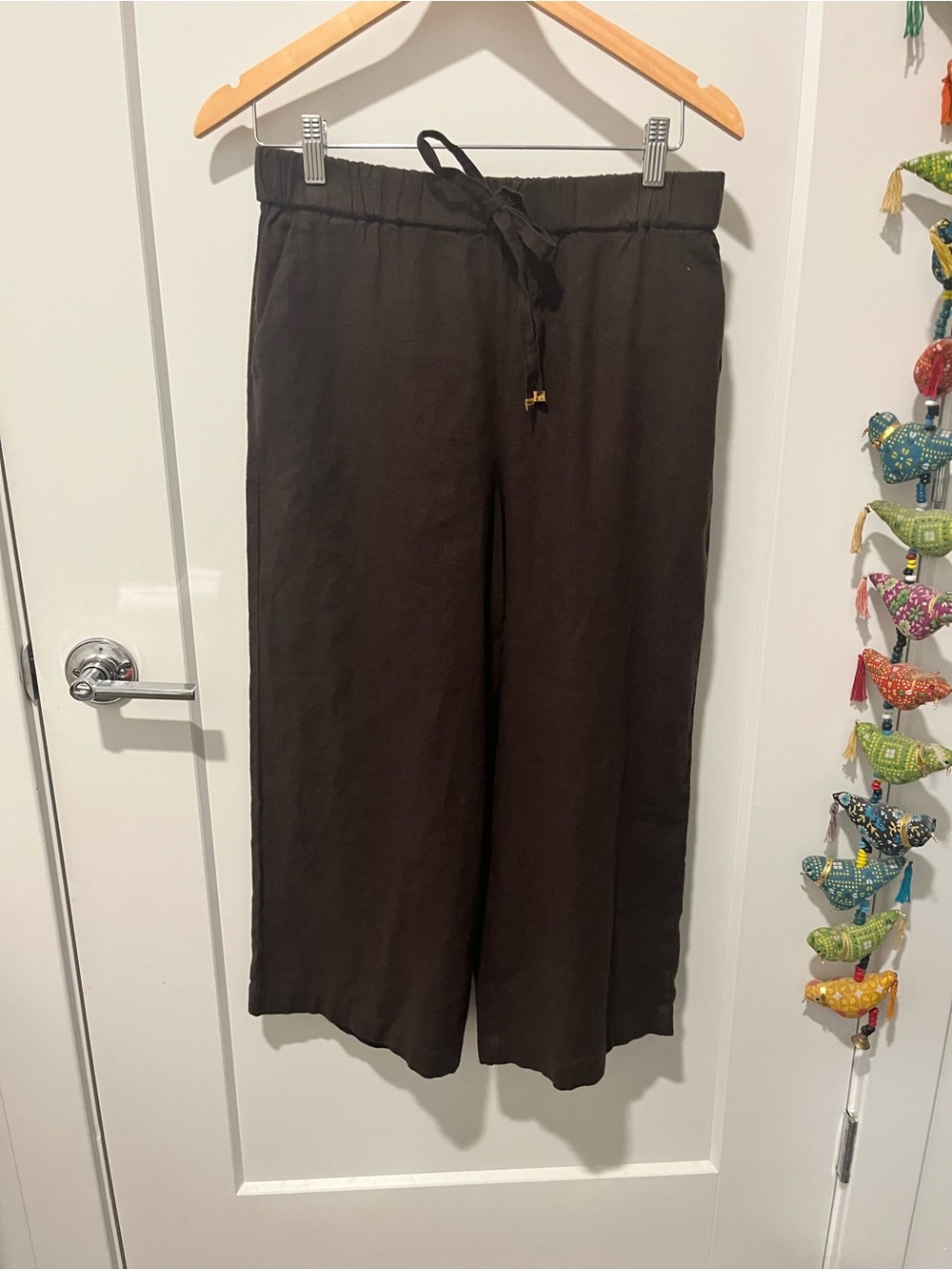 Michael Kors Elastic Waist Cropped Linen Blend Pants, Brown, NWT, S